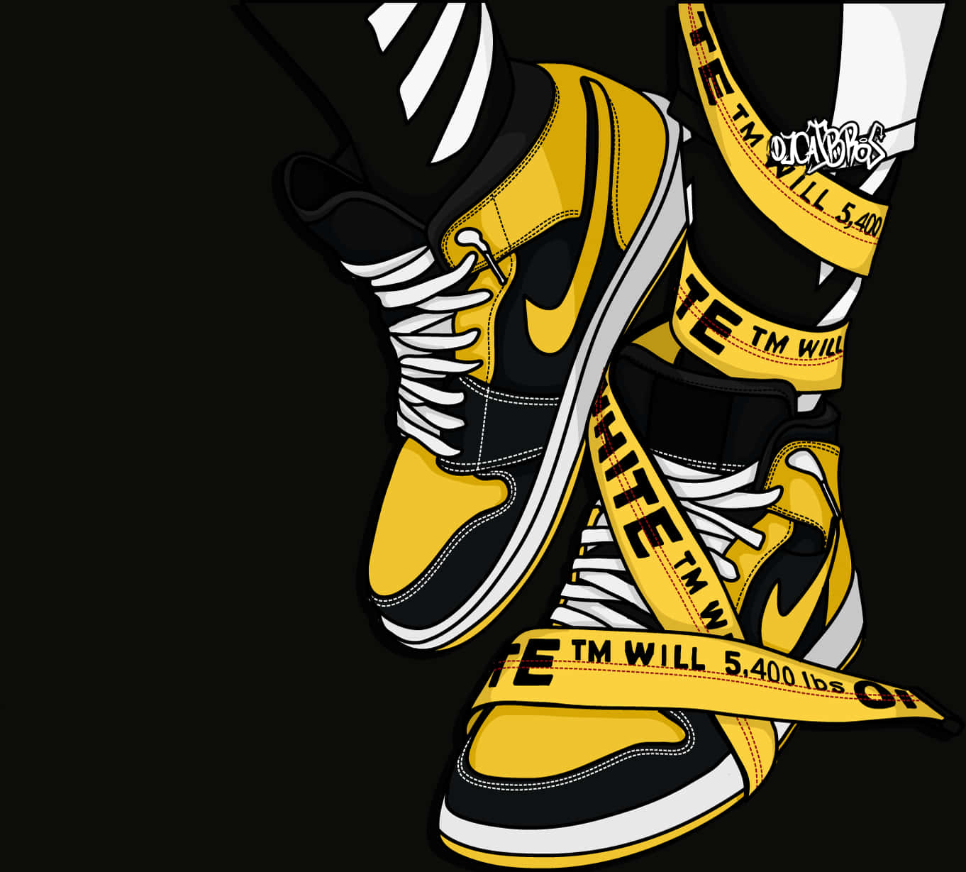 A Pair Of Sneakers With Yellow Tape On Them Background