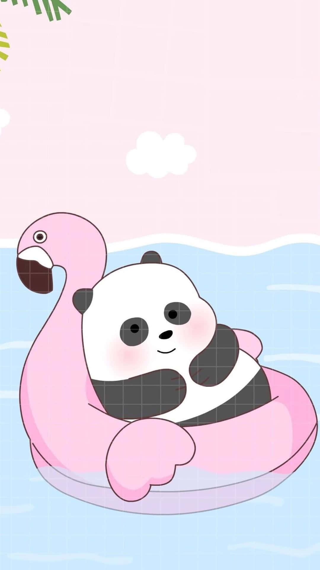 A Panda Bear Is Floating In A Pink Flamingo Background
