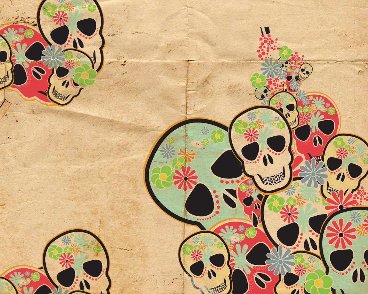 A Paper With Skulls And Flowers Background