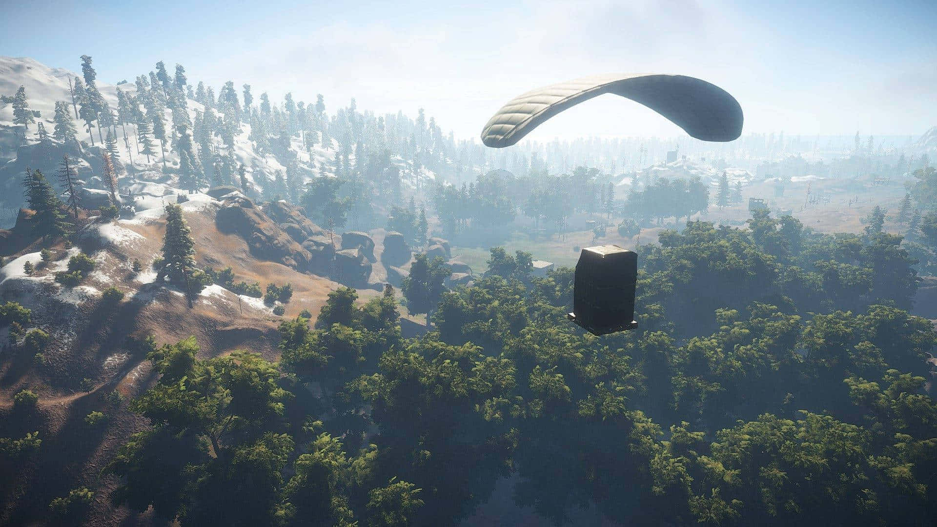 A Parachute Is Flying Over A Forest Background