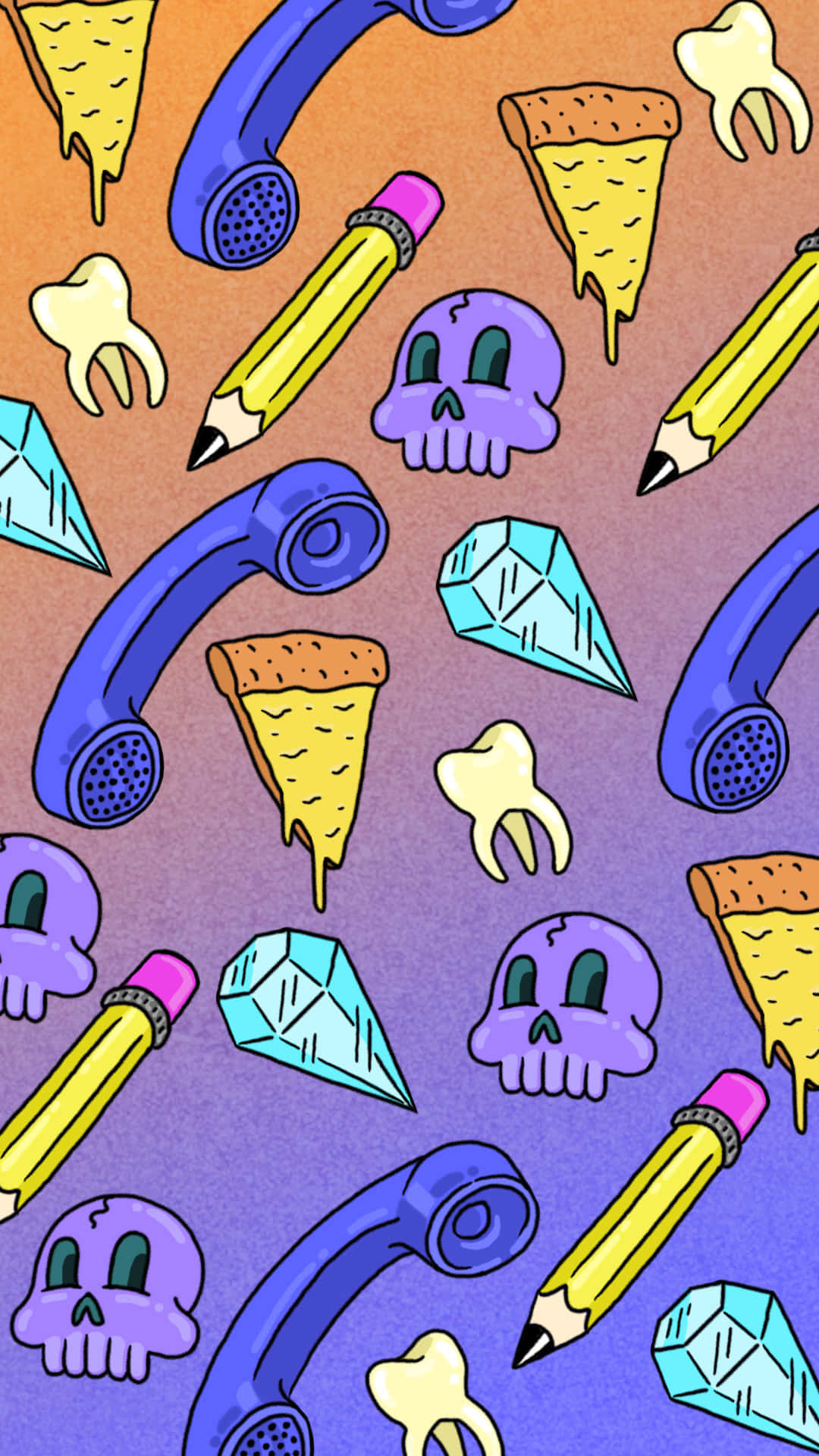 A Pattern Of A Pizza, Phone, Pencil, And Other Items Background