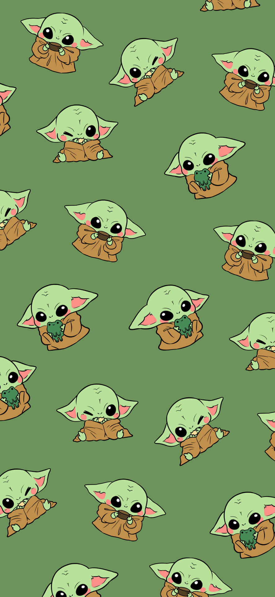 A Pattern Of Baby Yoda On A Green Background Background