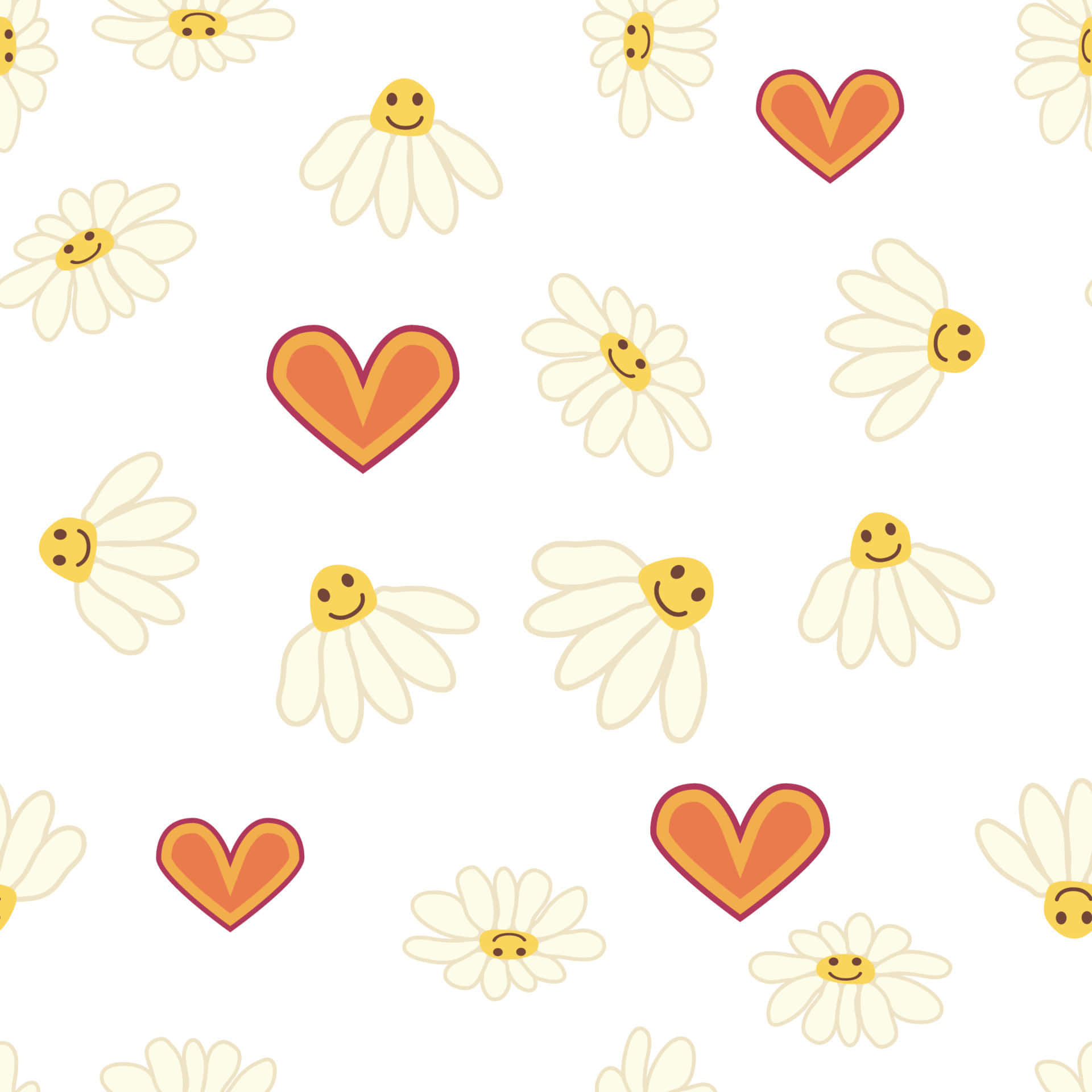 A Pattern Of Daisies With Hearts And Smiles Background