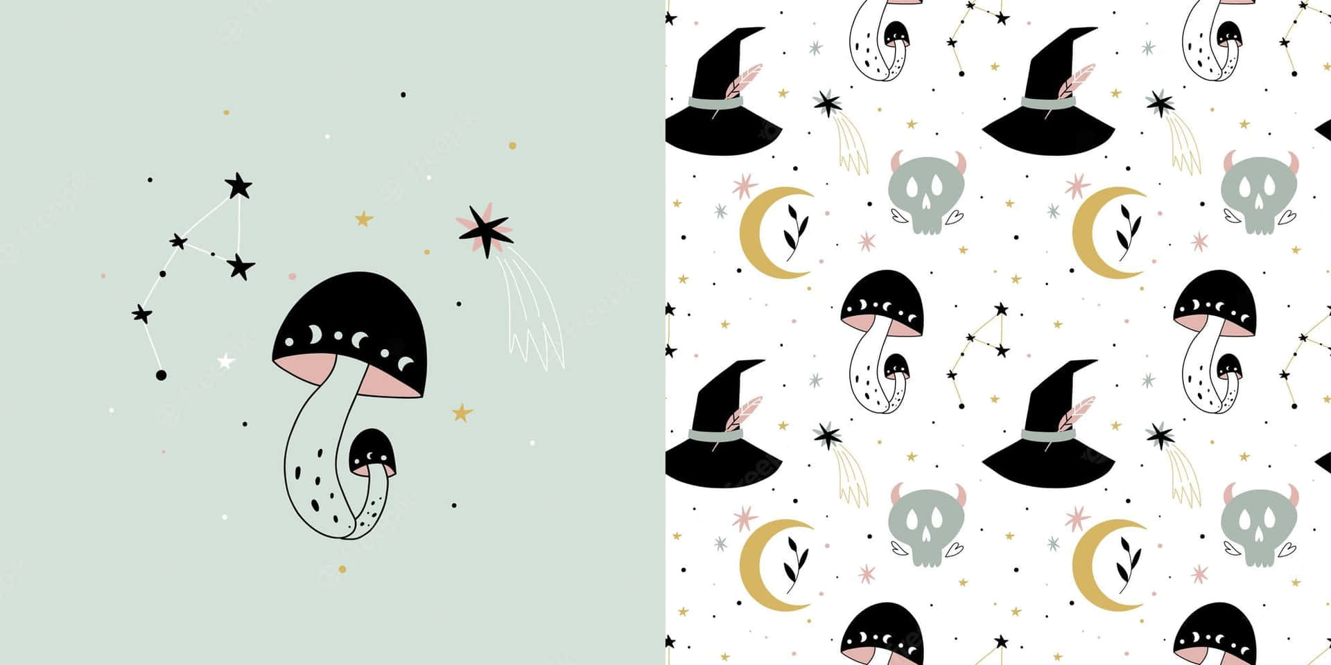 A Pattern With A Witch, Hat And Stars