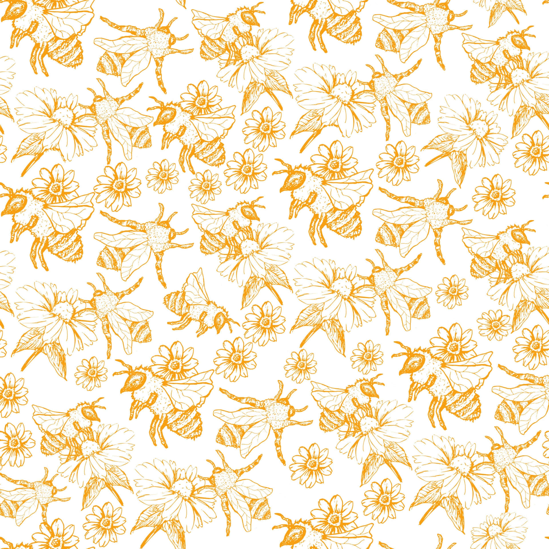 A Pattern With Bees And Flowers On White Background