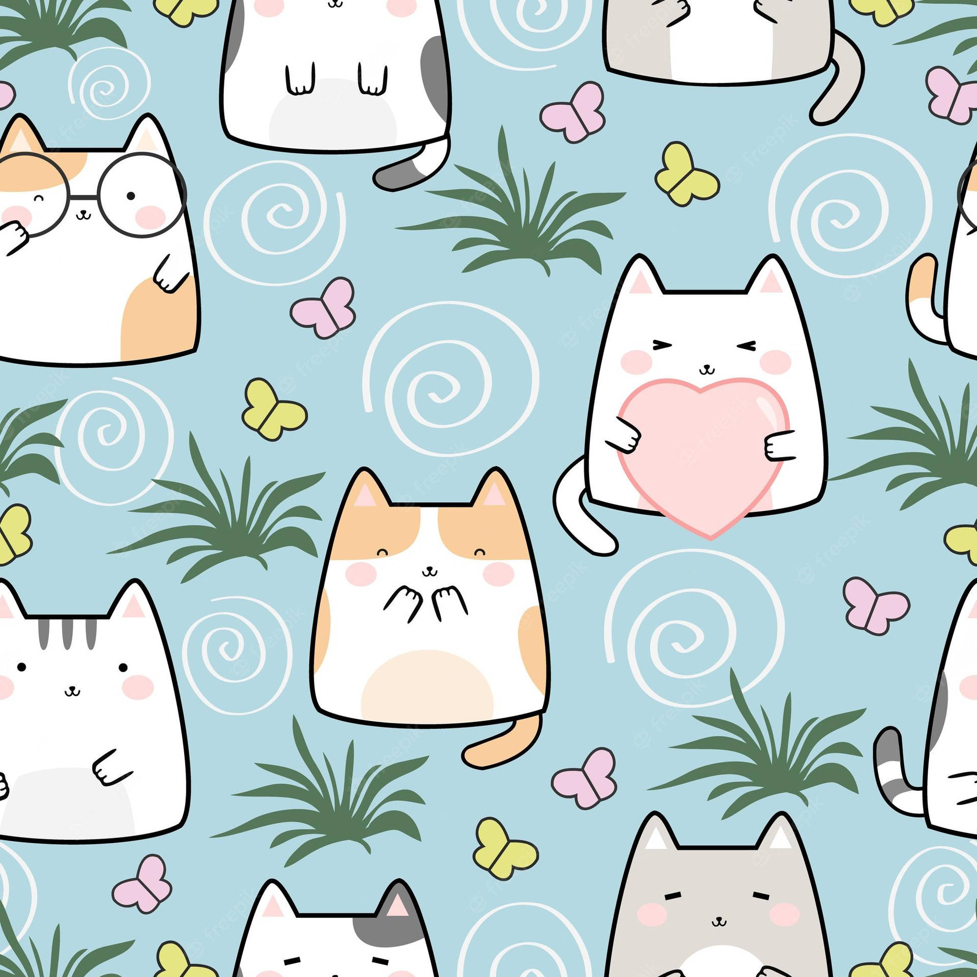 A Pattern With Cats And Butterflies On A Blue Background Background