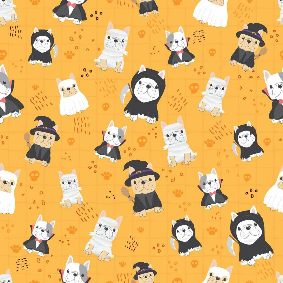 A Pattern With Cats And Witches On An Orange Background Background