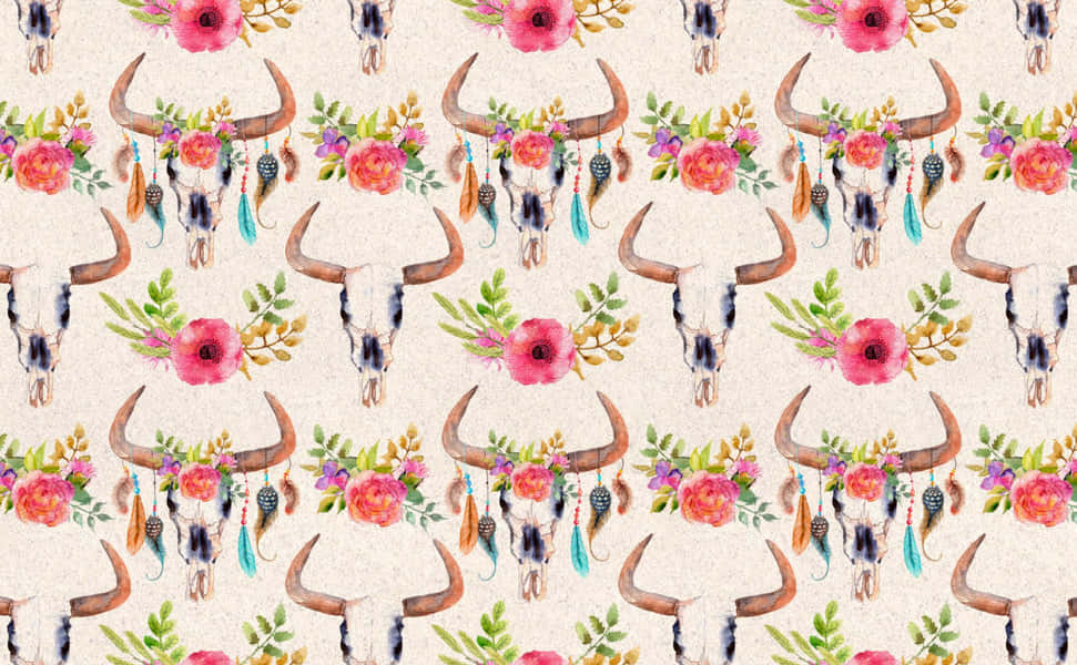 A Pattern With Cow Skulls And Flowers Background