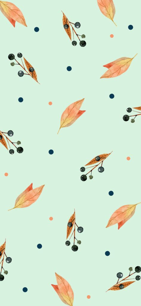 A Pattern With Leaves And Berries On A Green Background