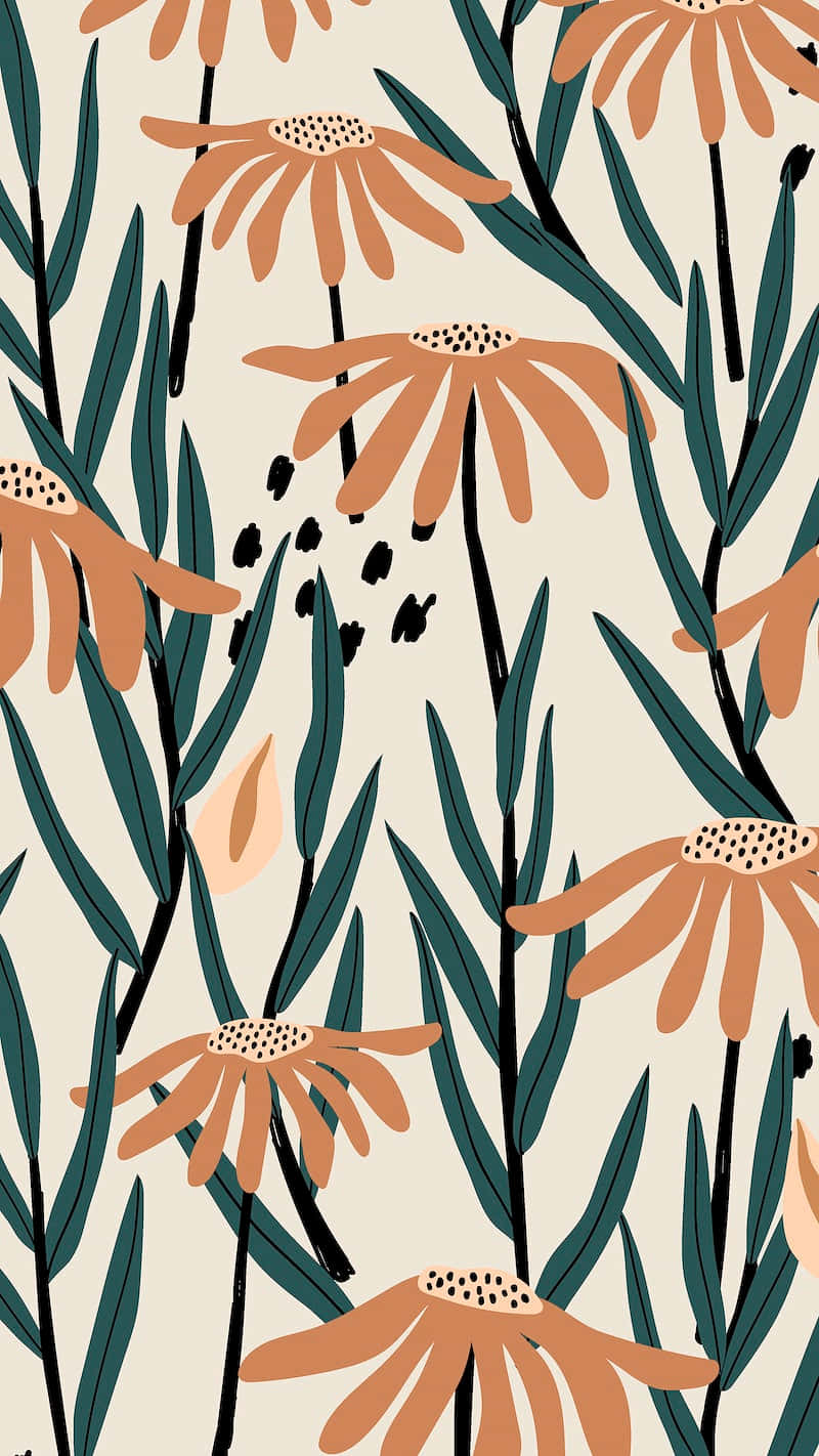 A Pattern With Orange Flowers And Leaves Background