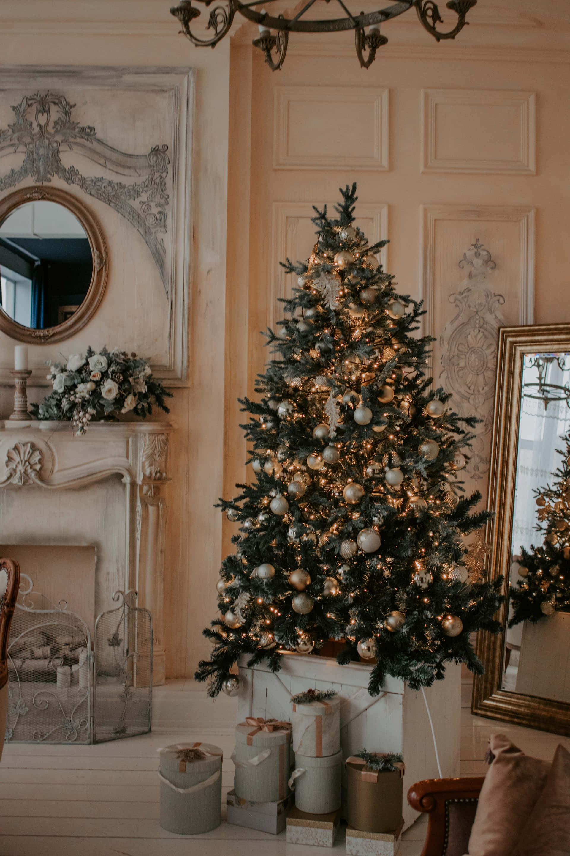 A Peaceful And Festive Christmas Tree Lit Up By Glowing Blue And White Lights Background