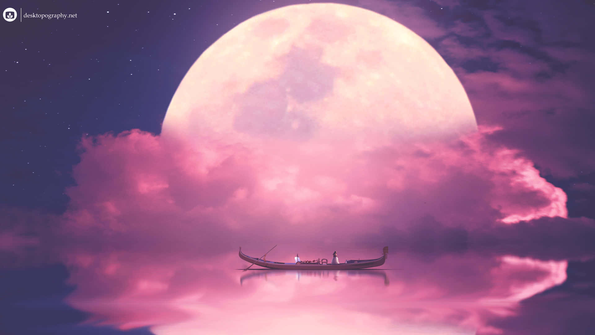 A Peaceful Pink Moon Rising In A Scarlet Sky