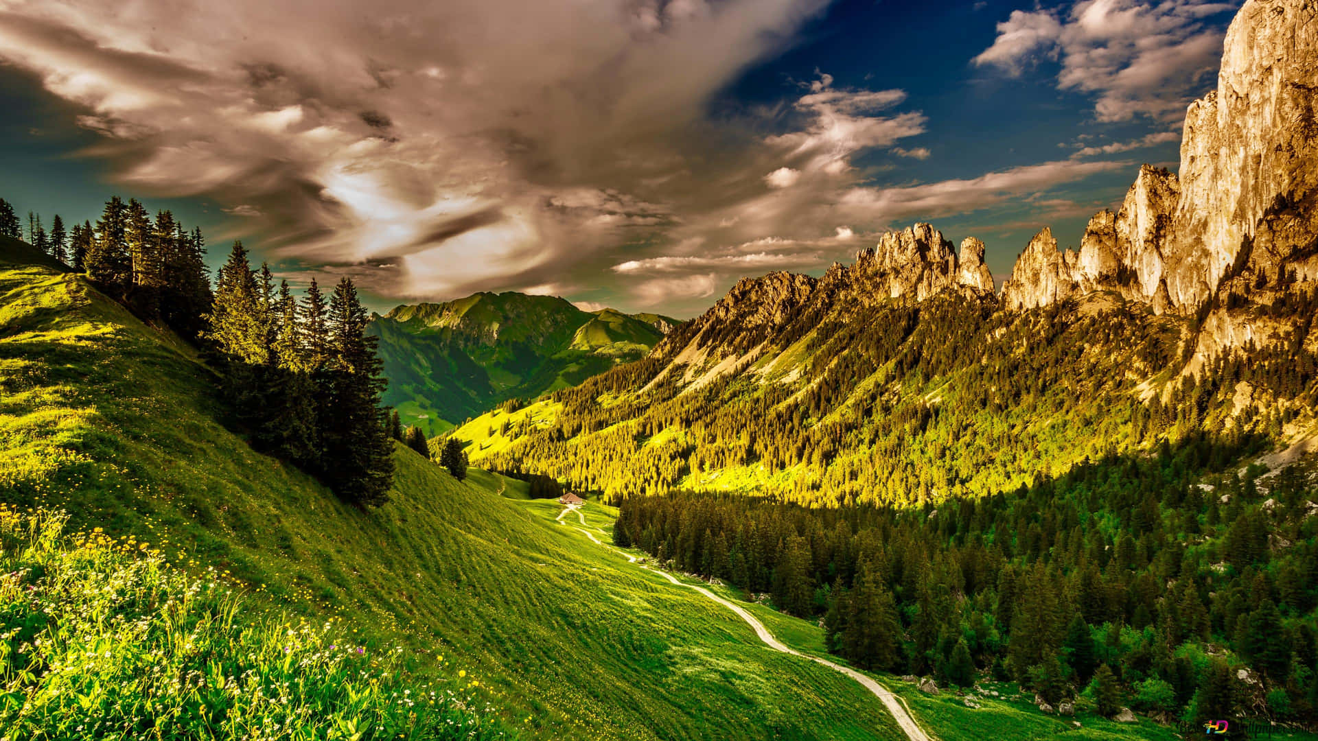 A Peaceful Sun-kissed Lake Surrounded By Colorful Trees Background