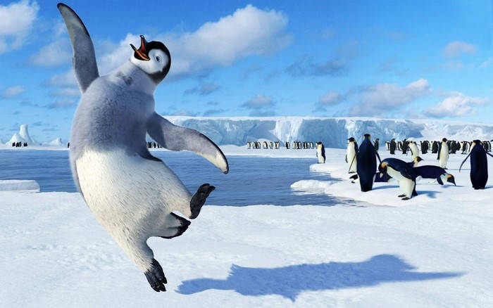 A Penguin Is Jumping In The Snow Background