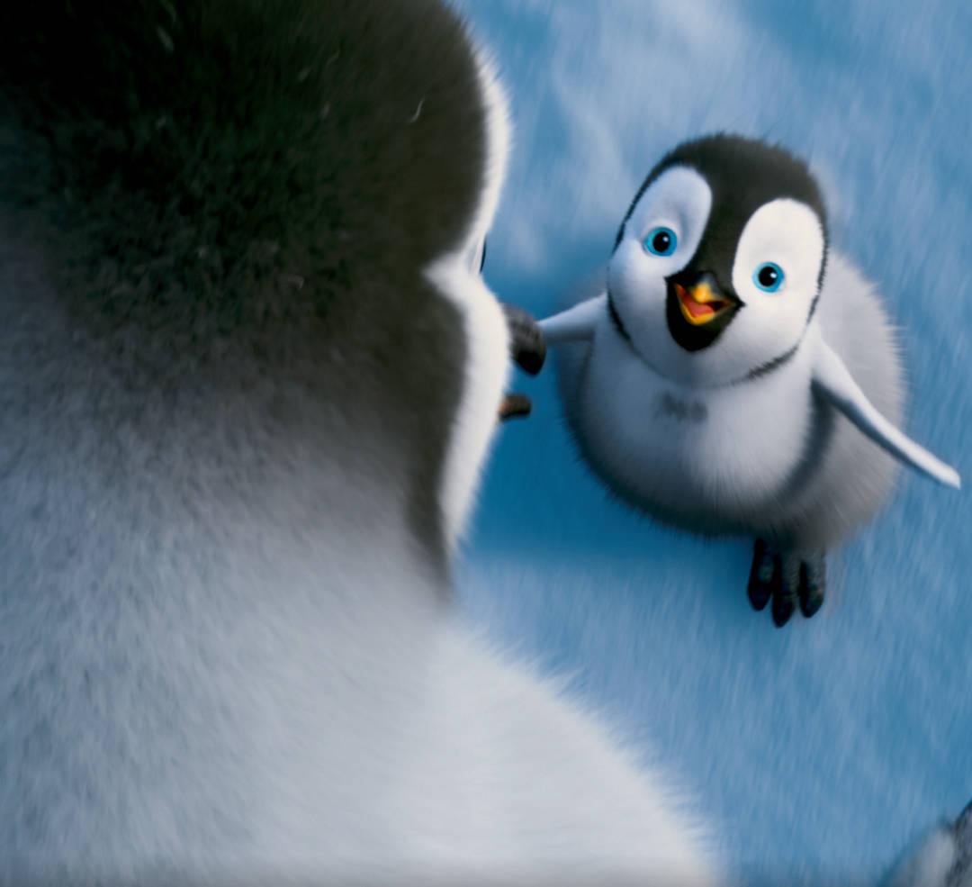 A Penguin Is Looking At A Baby Penguin Background