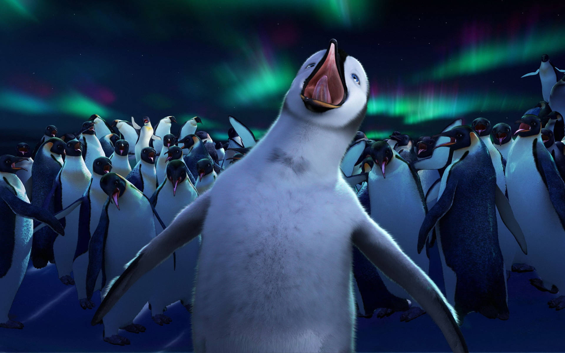 A Penguin Is Standing In Front Of A Group Of Penguins Background