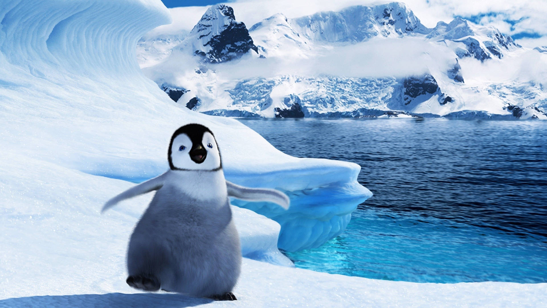 A Penguin Is Standing On An Iceberg In Front Of A Lake