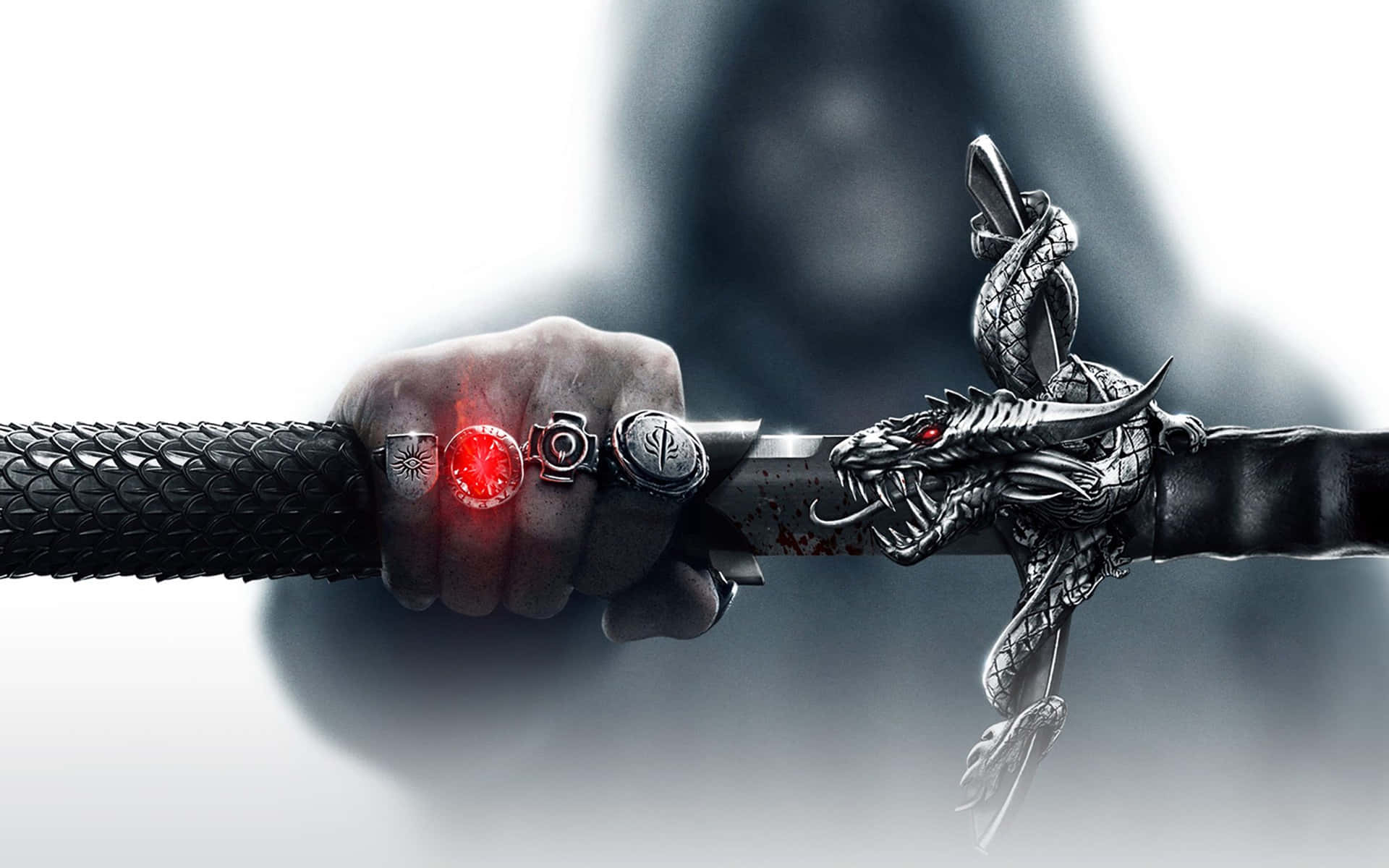 A Person Holding A Sword With A Red Light On It Background