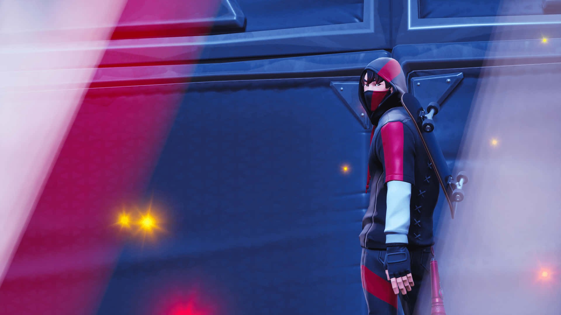A Person In A Red And Black Outfit Standing In Front Of A Door Background