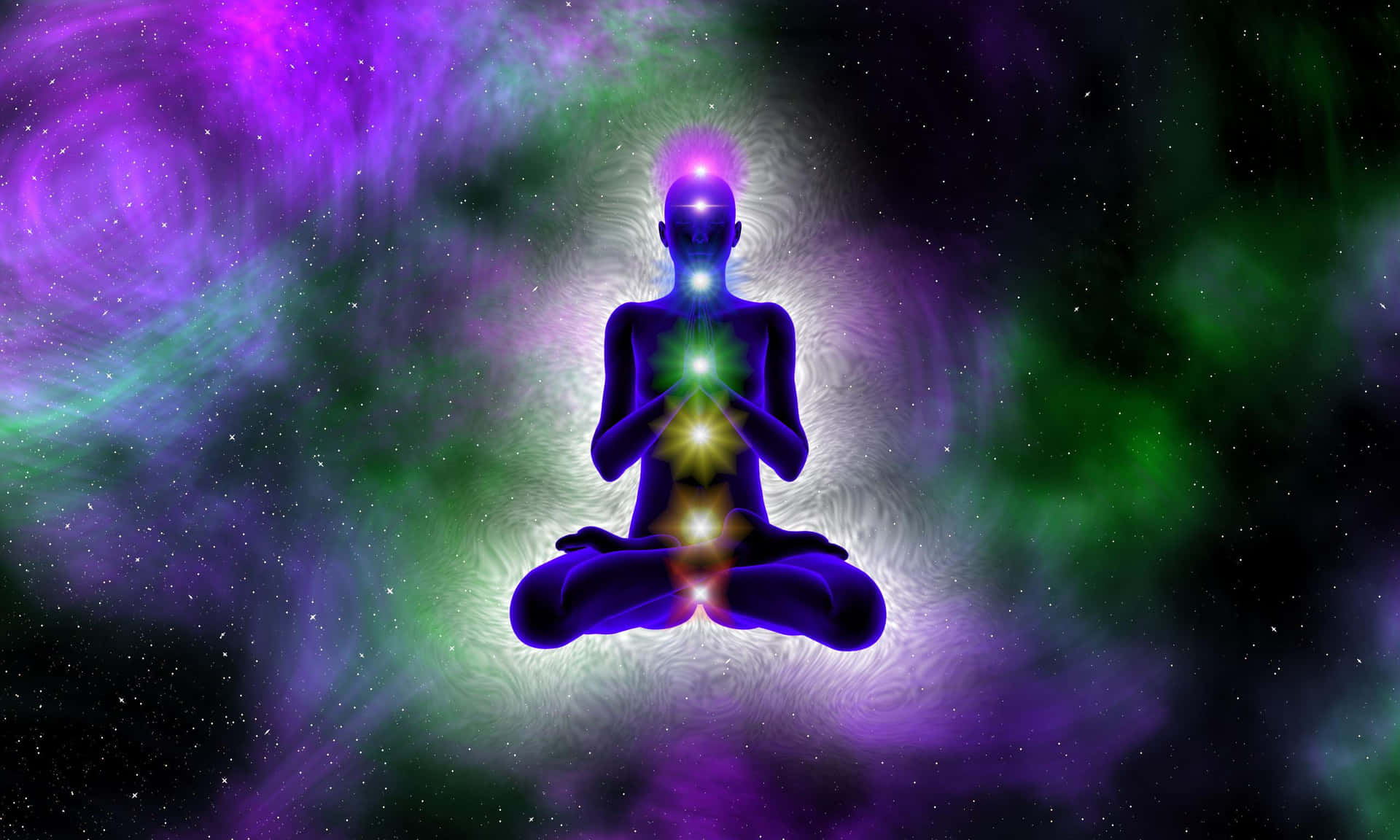 A Person In Meditation With Purple And Blue Lights Background
