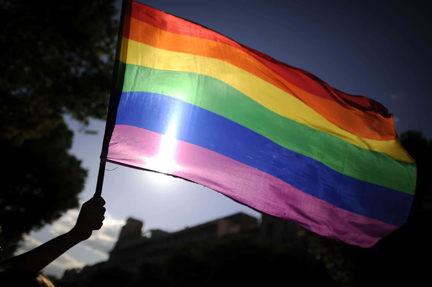 A Person Is Holding A Rainbow Flag In Front Of A Building