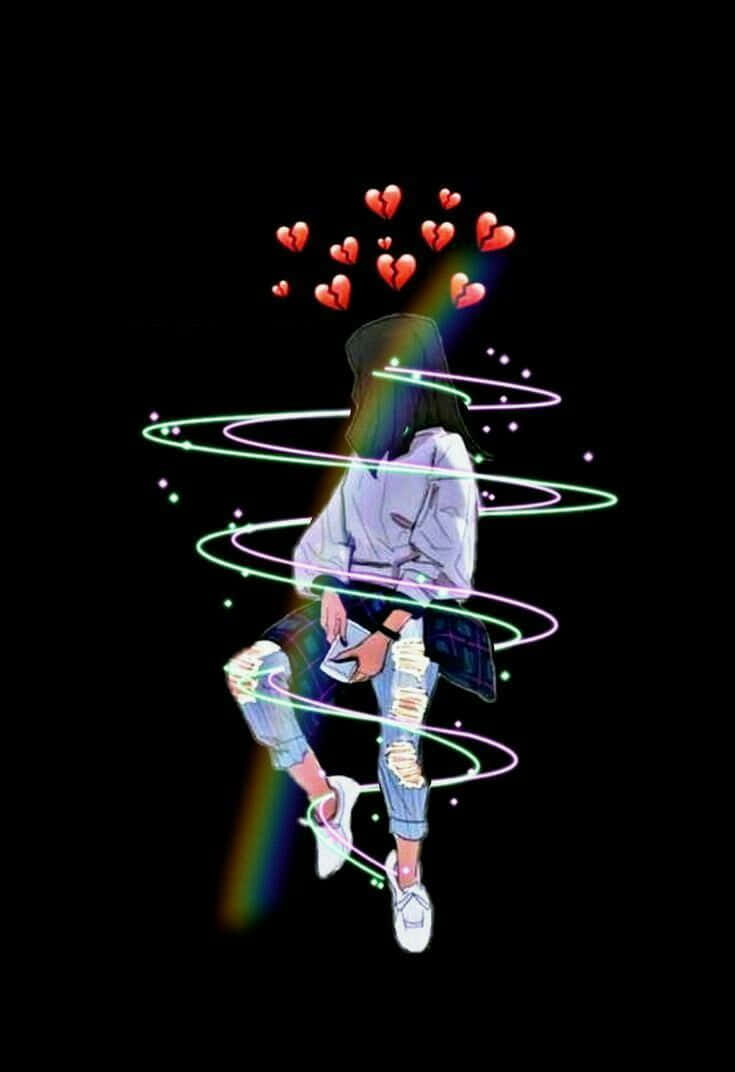 A Person Sitting On A Skateboard With Hearts And Rainbows Background