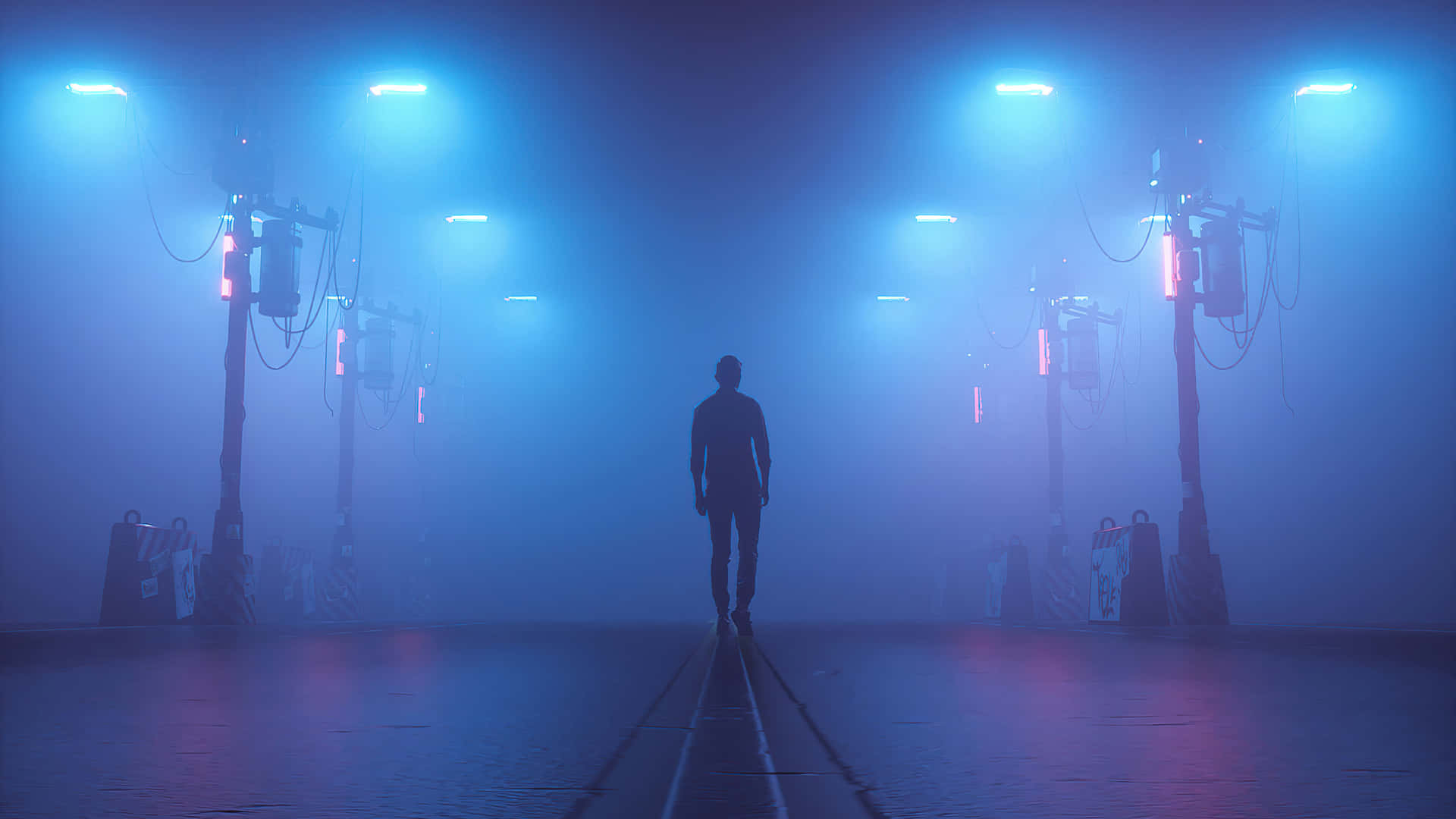 A Person Standing In A Foggy Tunnel With Blue Lights Background