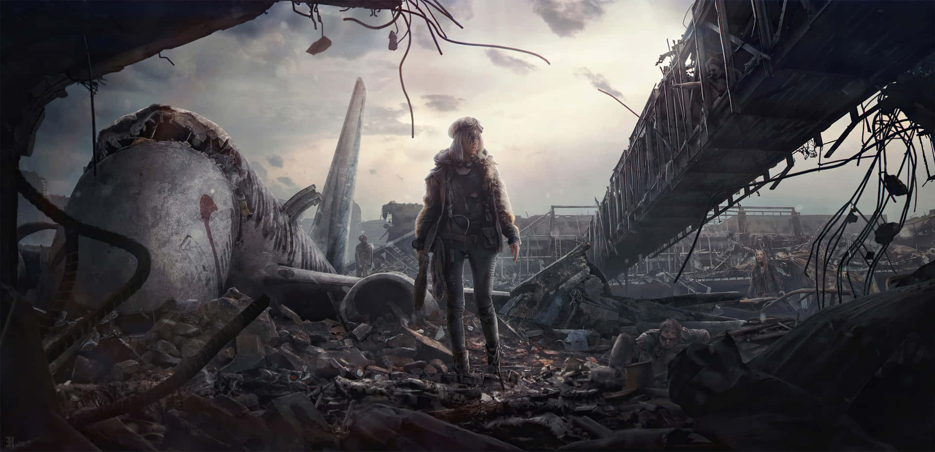 A Person Standing In A Wrecked Area Background