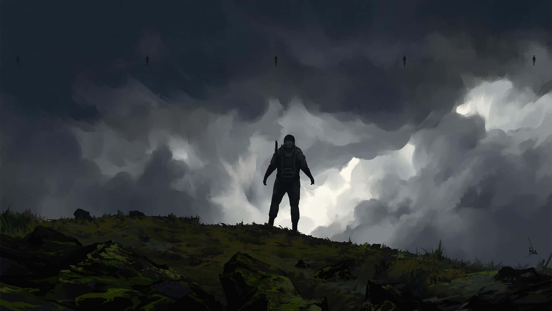 A Person Standing On A Hill Under A Stormy Sky Background