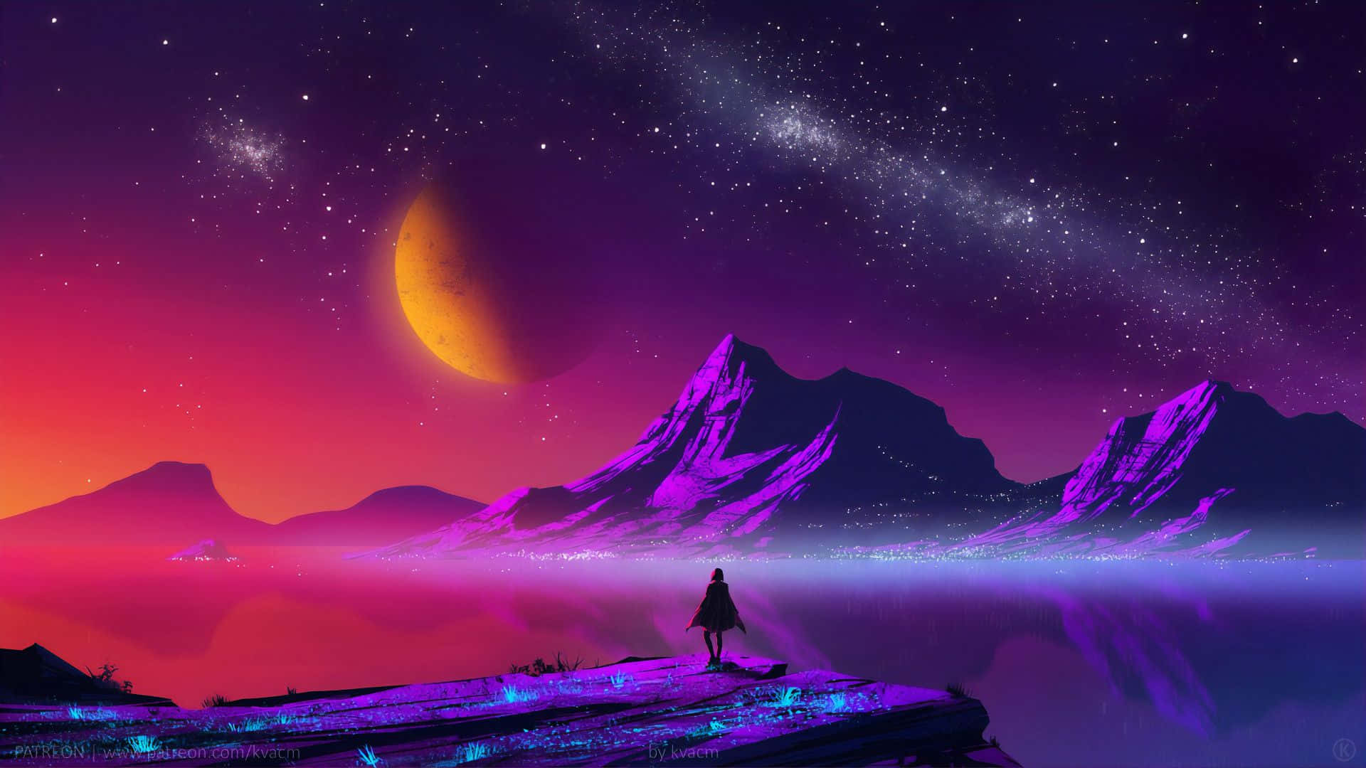 A Person Standing On A Mountain Looking At The Stars Background