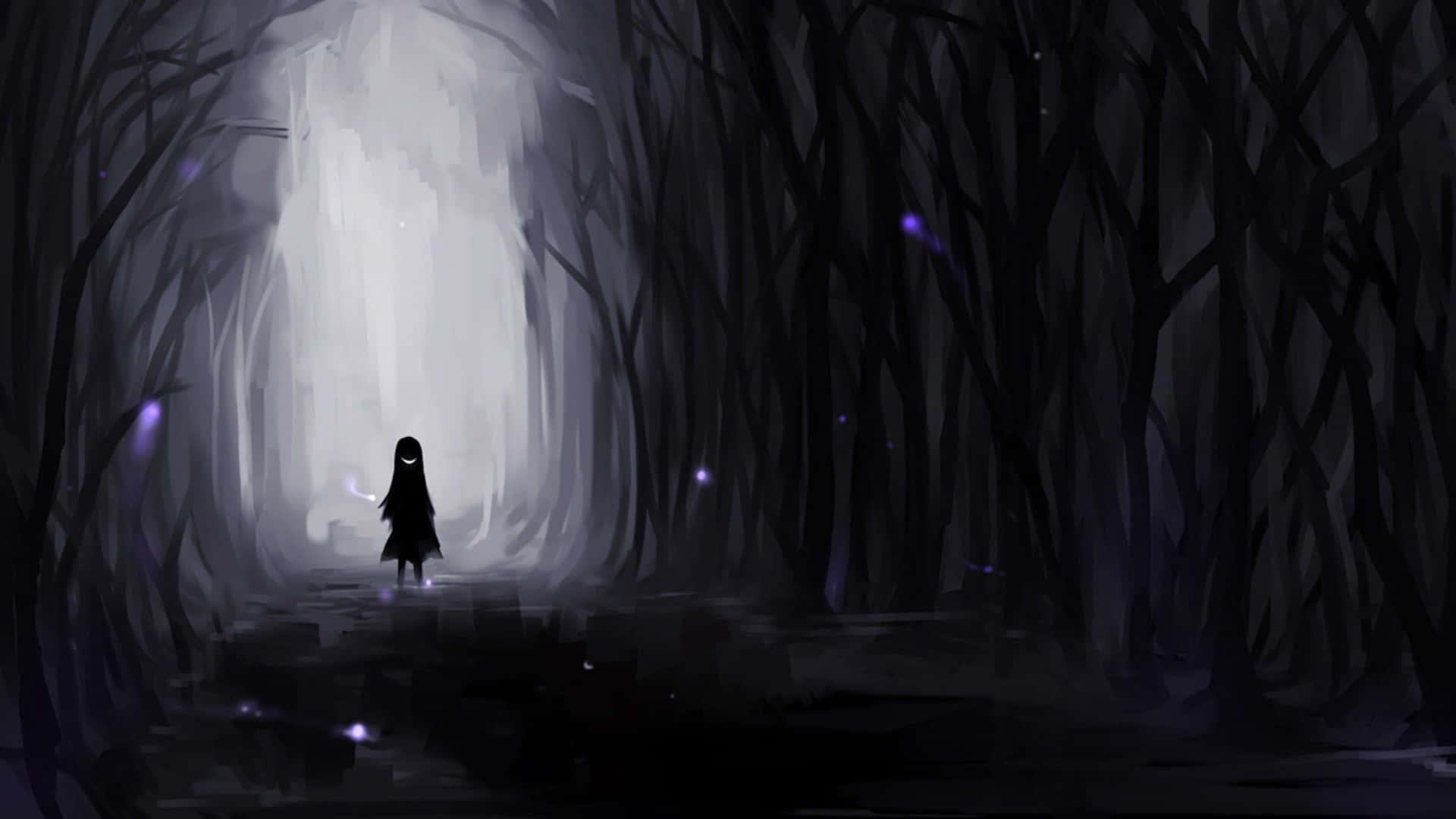 A Person Walking Through A Dark Forest Background