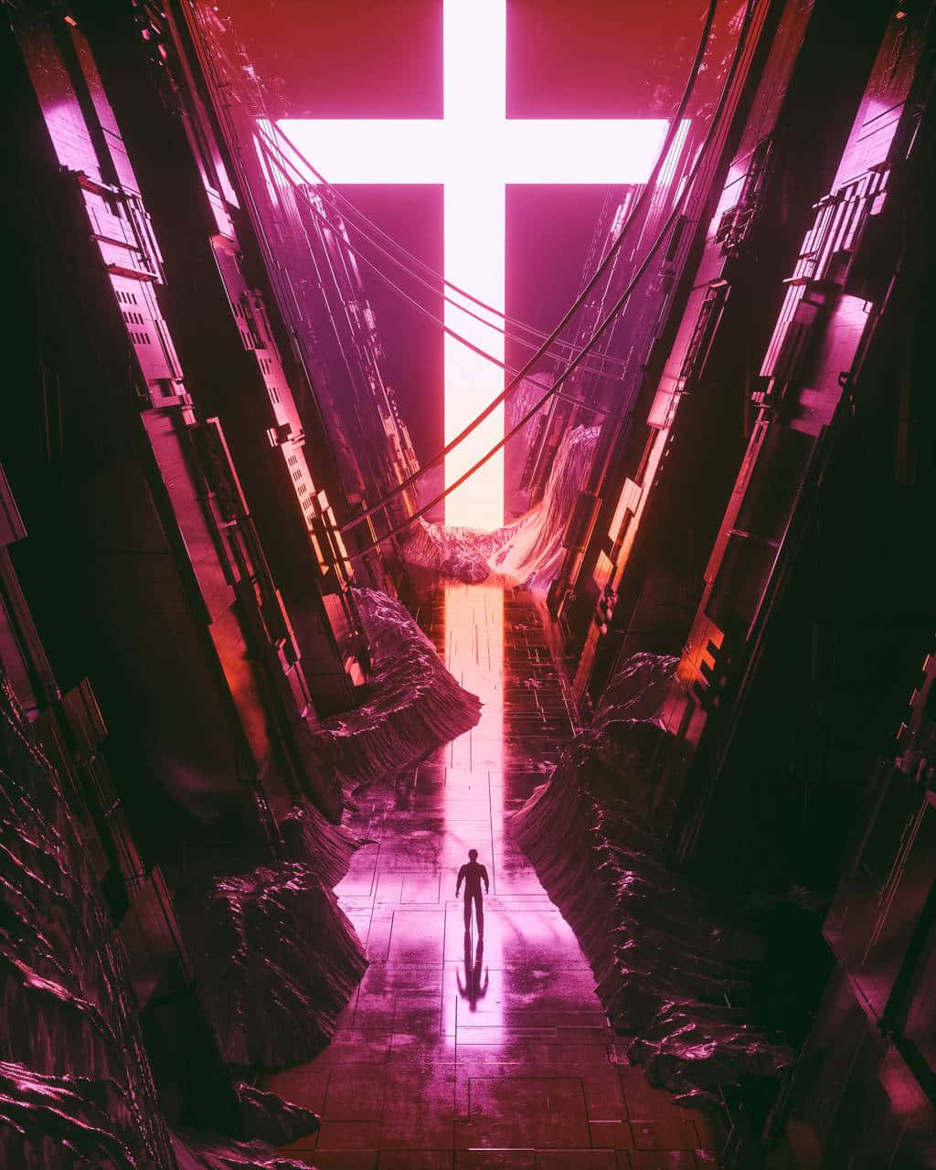 A Person Walking Through A Tunnel With A Cross In The Background Background