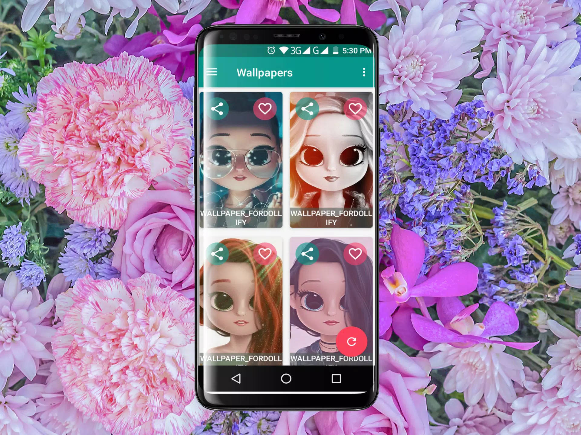 A Phone With A Pink Flower Background And A Cartoon Character Background