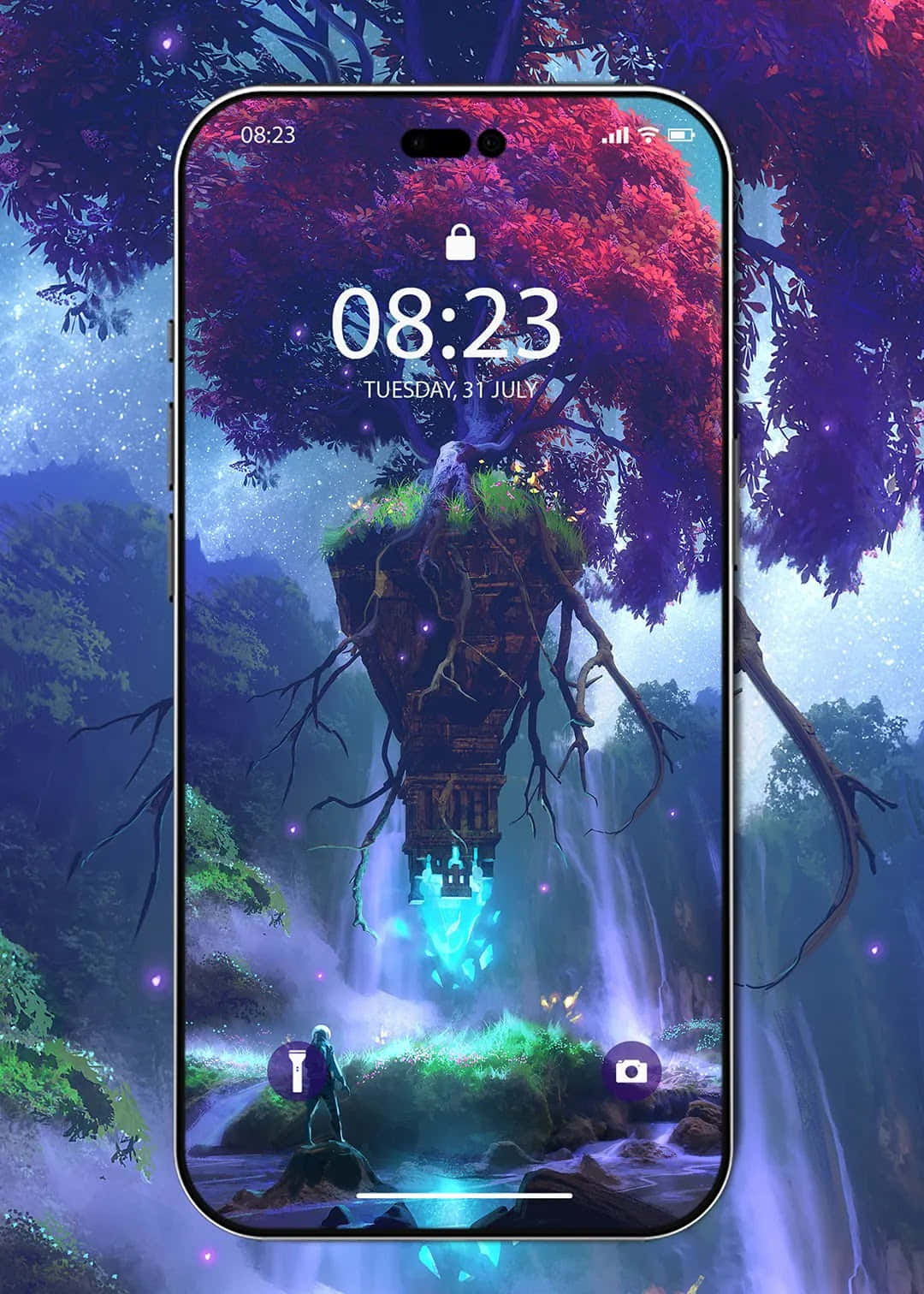 A Phone With A Tree And A Waterfall In The Background Background