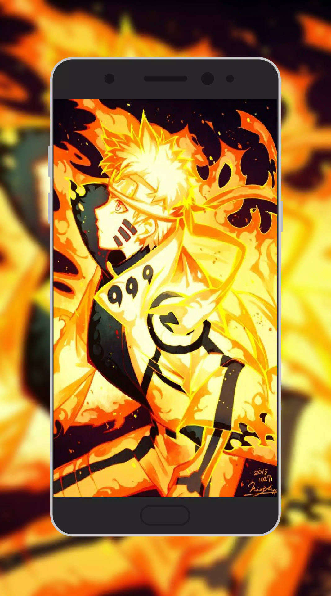 A Phone With An Image Of A Character In Flames Background