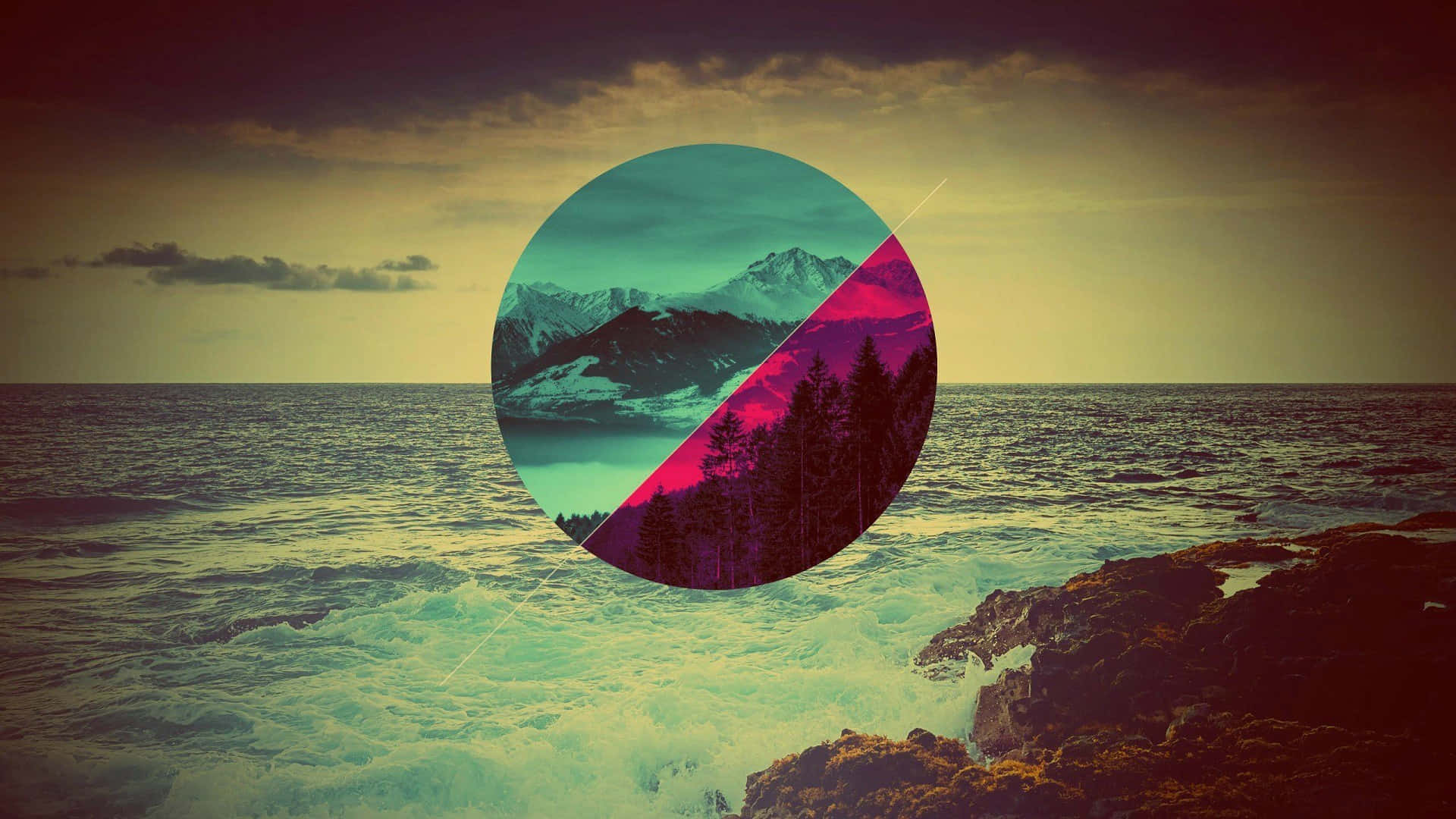 A Photo Of A Circular Image With Mountains And Ocean Background