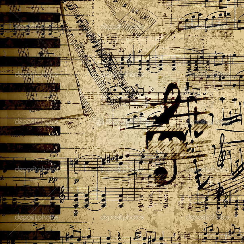 A Piano Keyboard With Music Notes On It Background