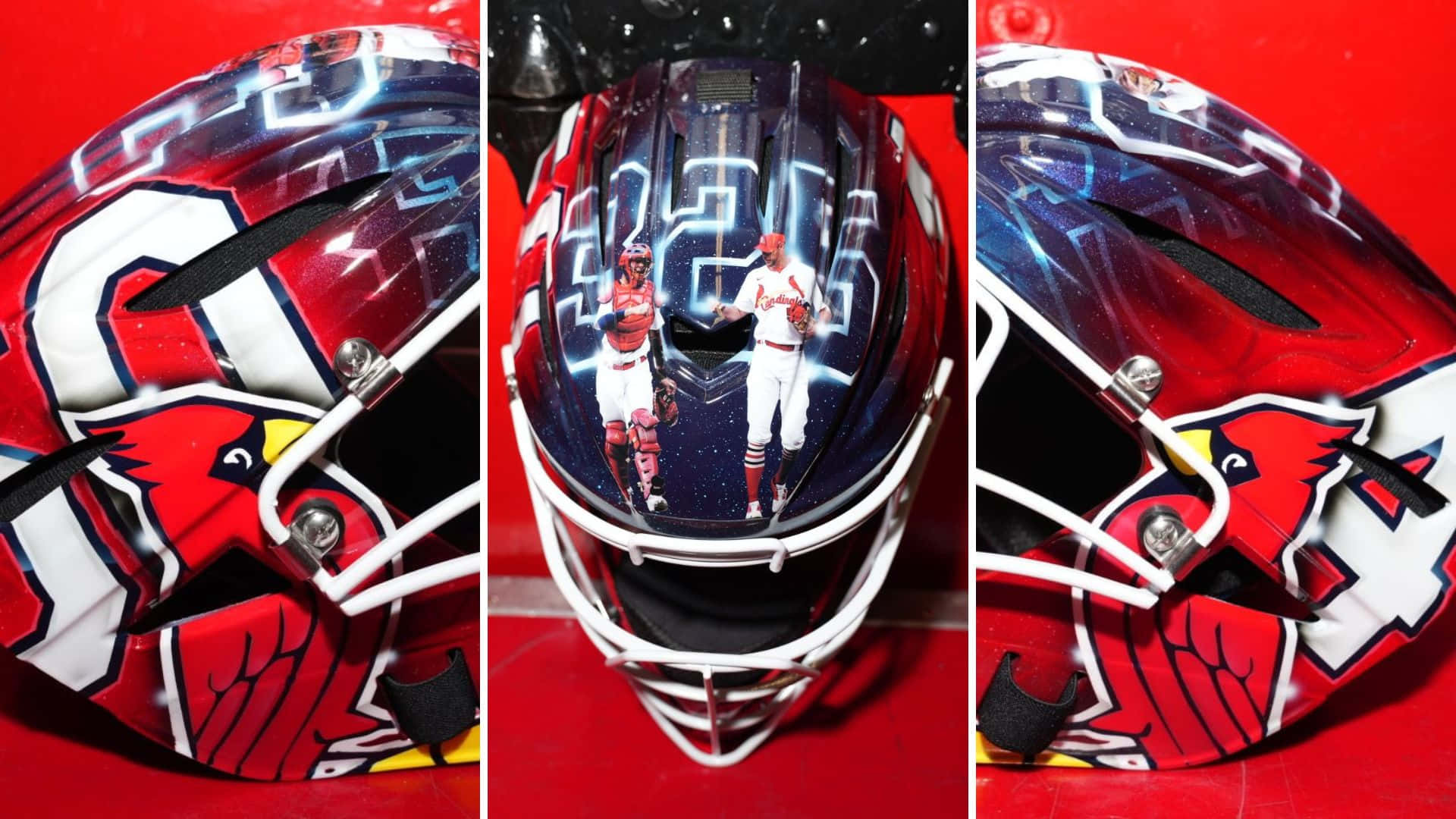 A Picture Of A Helmet With A Red And White Design Background