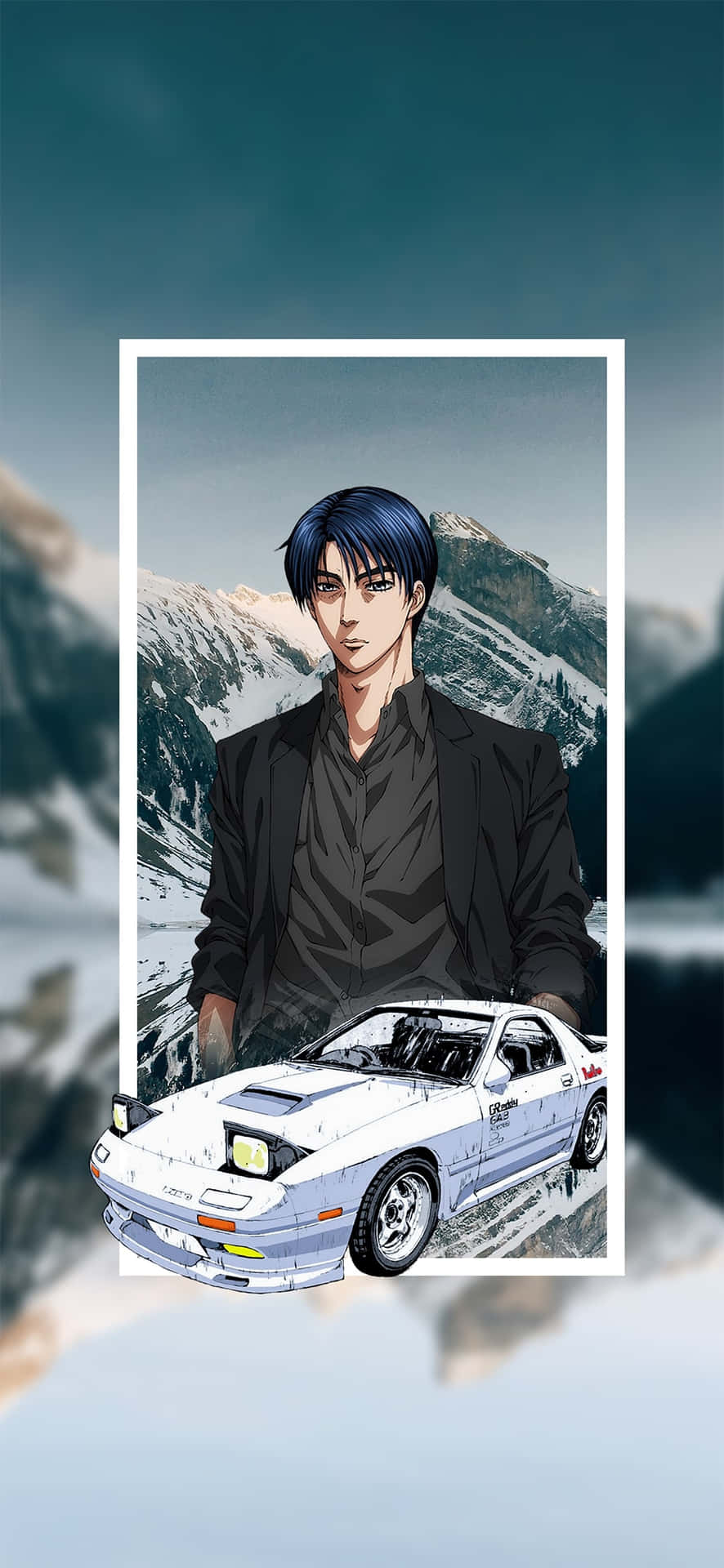 A Picture Of A Man With A Car In Front Of Mountains Background