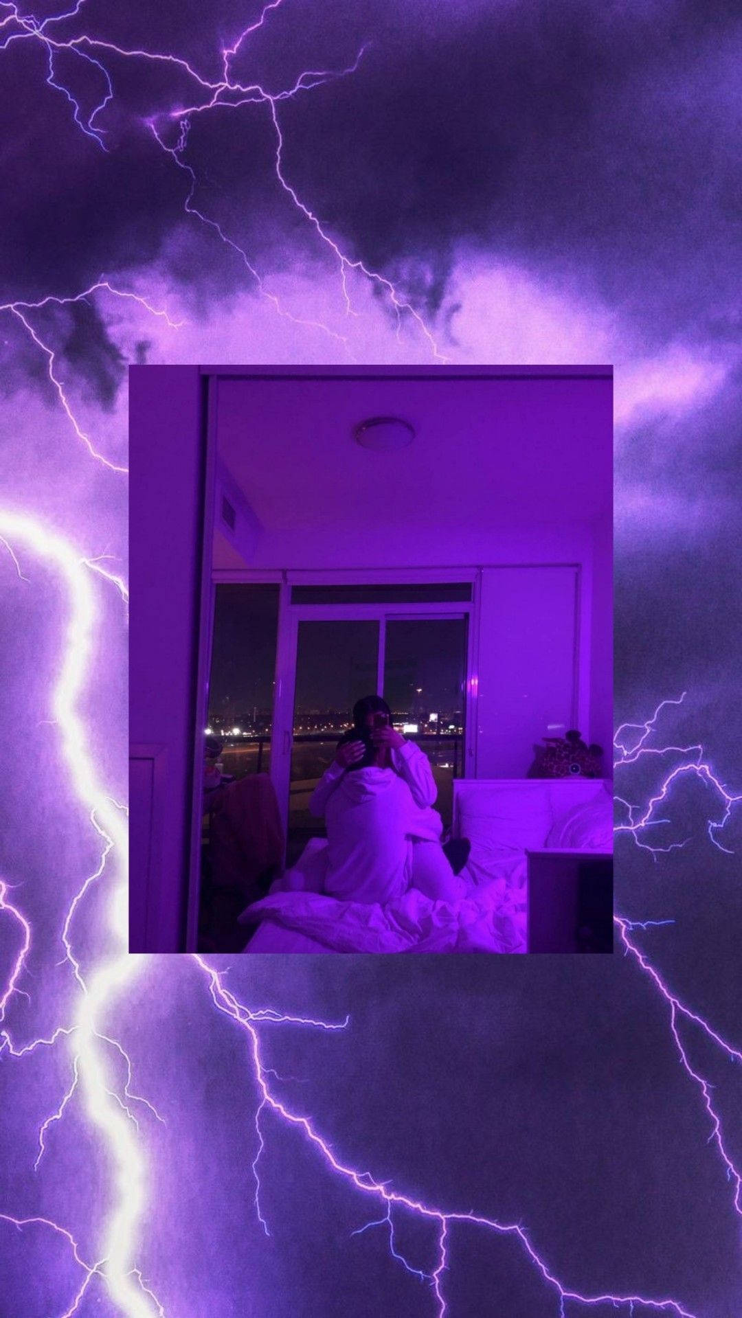 A Picture Of A Person In Bed With Lightning In The Background Background