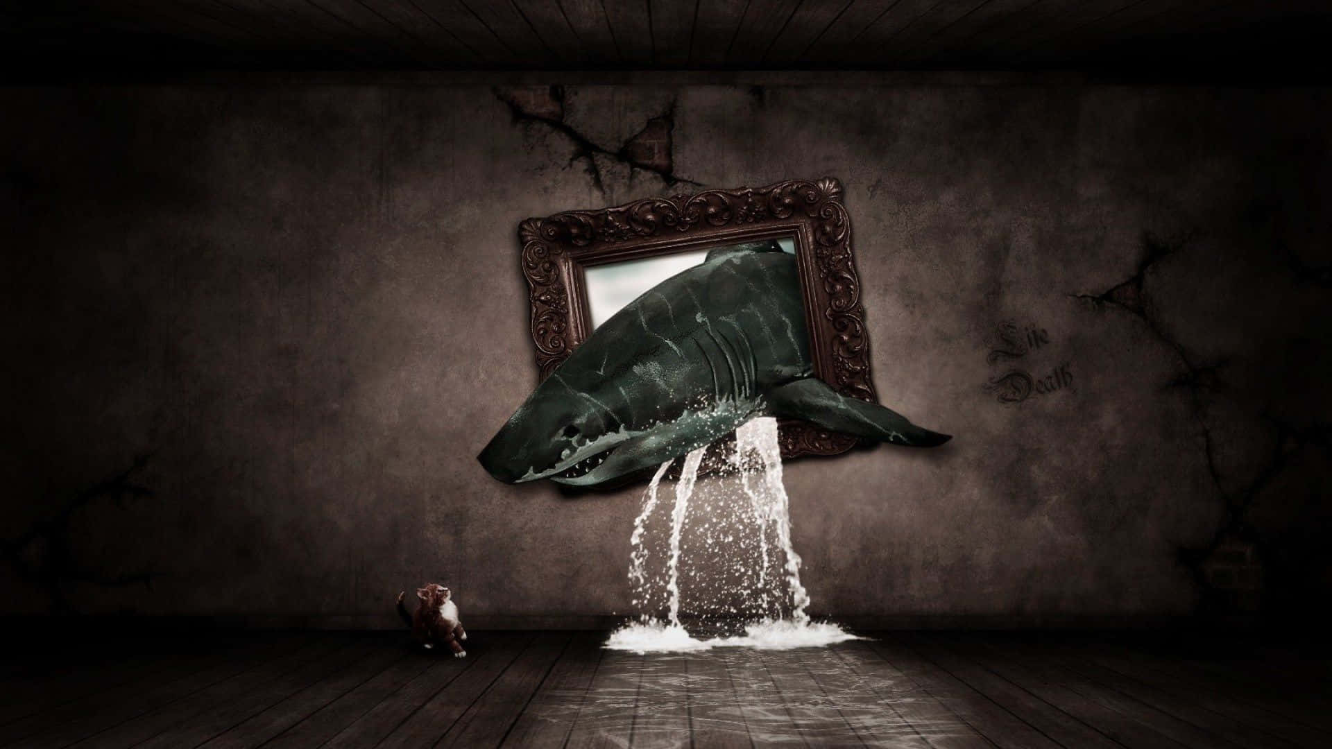 A Picture Of A Whale In A Room With Water Coming Out Of It Background