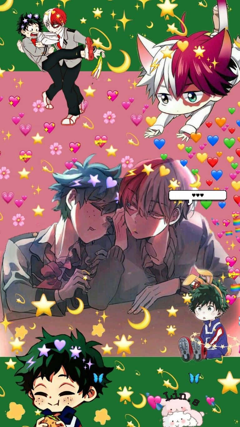 A Picture Of Anime Characters With Hearts And Stars Background