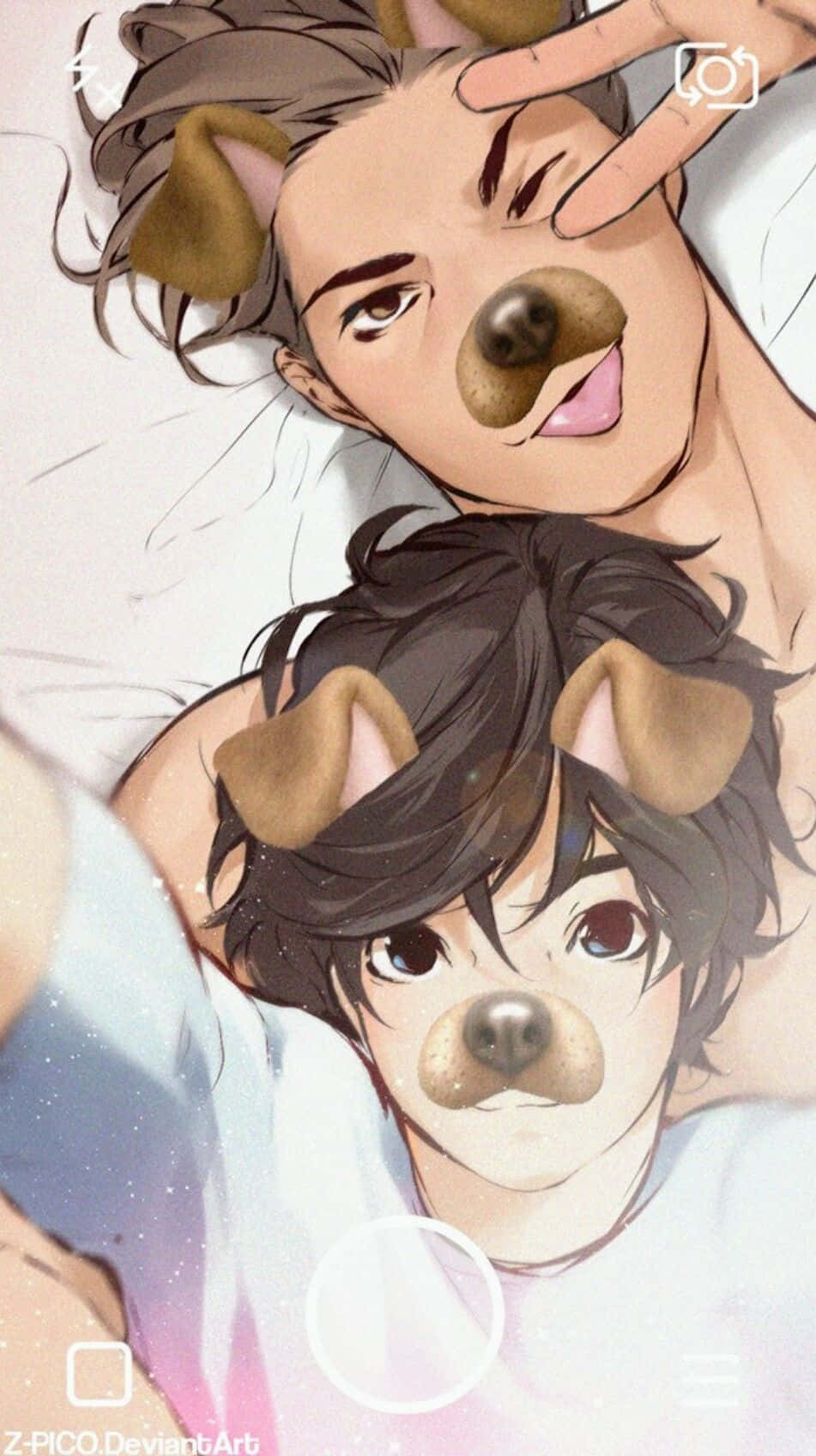 A Picture Of Two People Laying On A Bed With Their Dogs Background