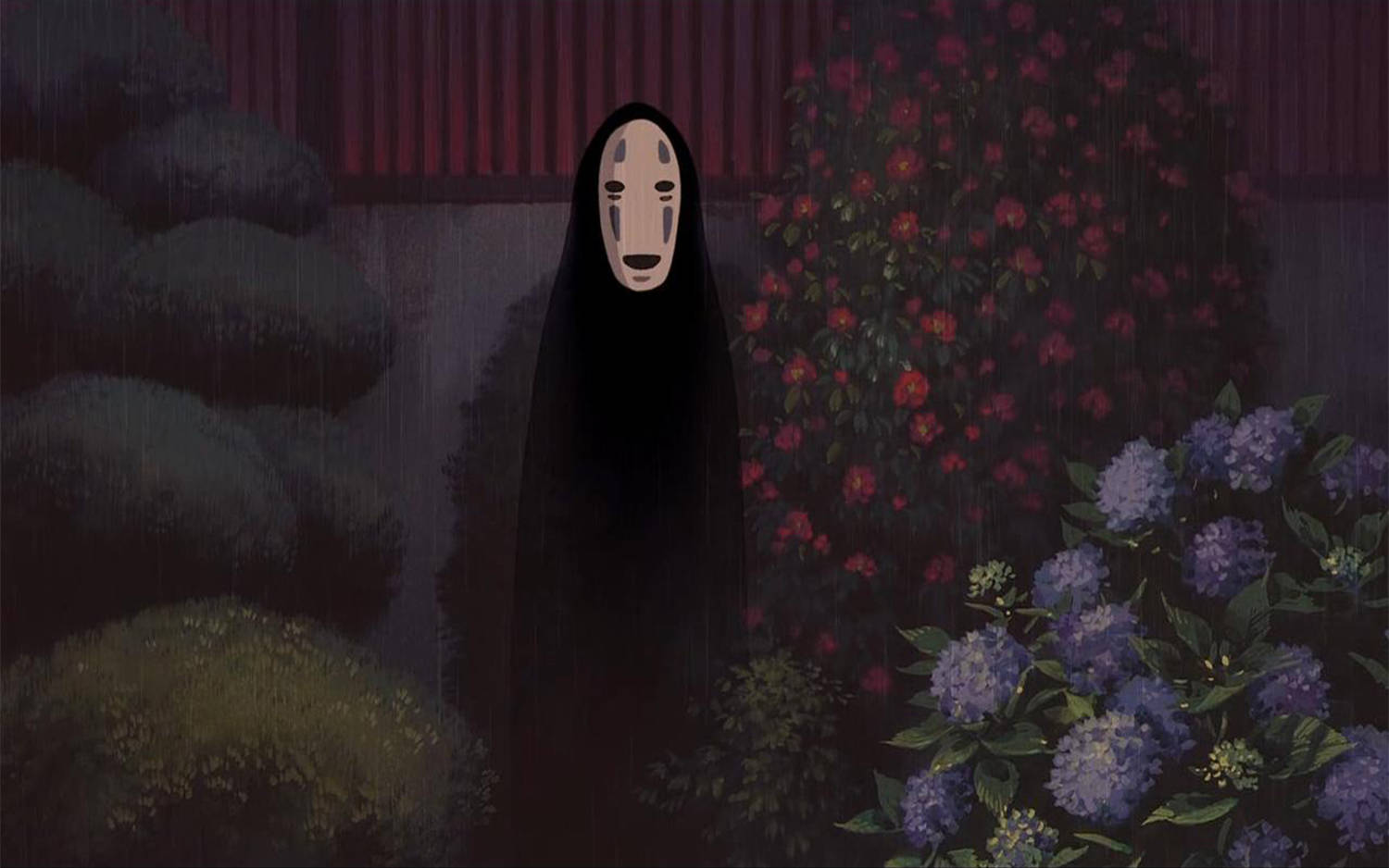 A Picturesque Garden With A Prominent No-face Figure From The Popular Animated Film, Spirited Away. Background