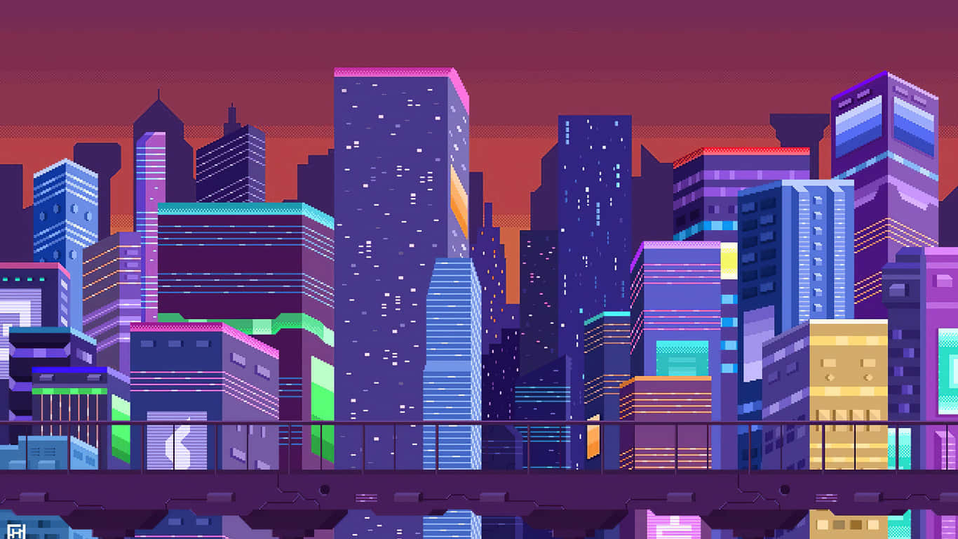 A Picturesque Sunset Sets The Stage For This Stunning Pixel Landscape. Background
