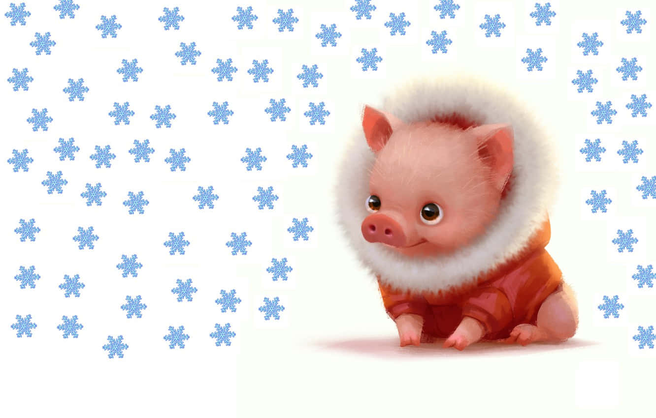A Pig In A Snowsuit With Snowflakes On It Background