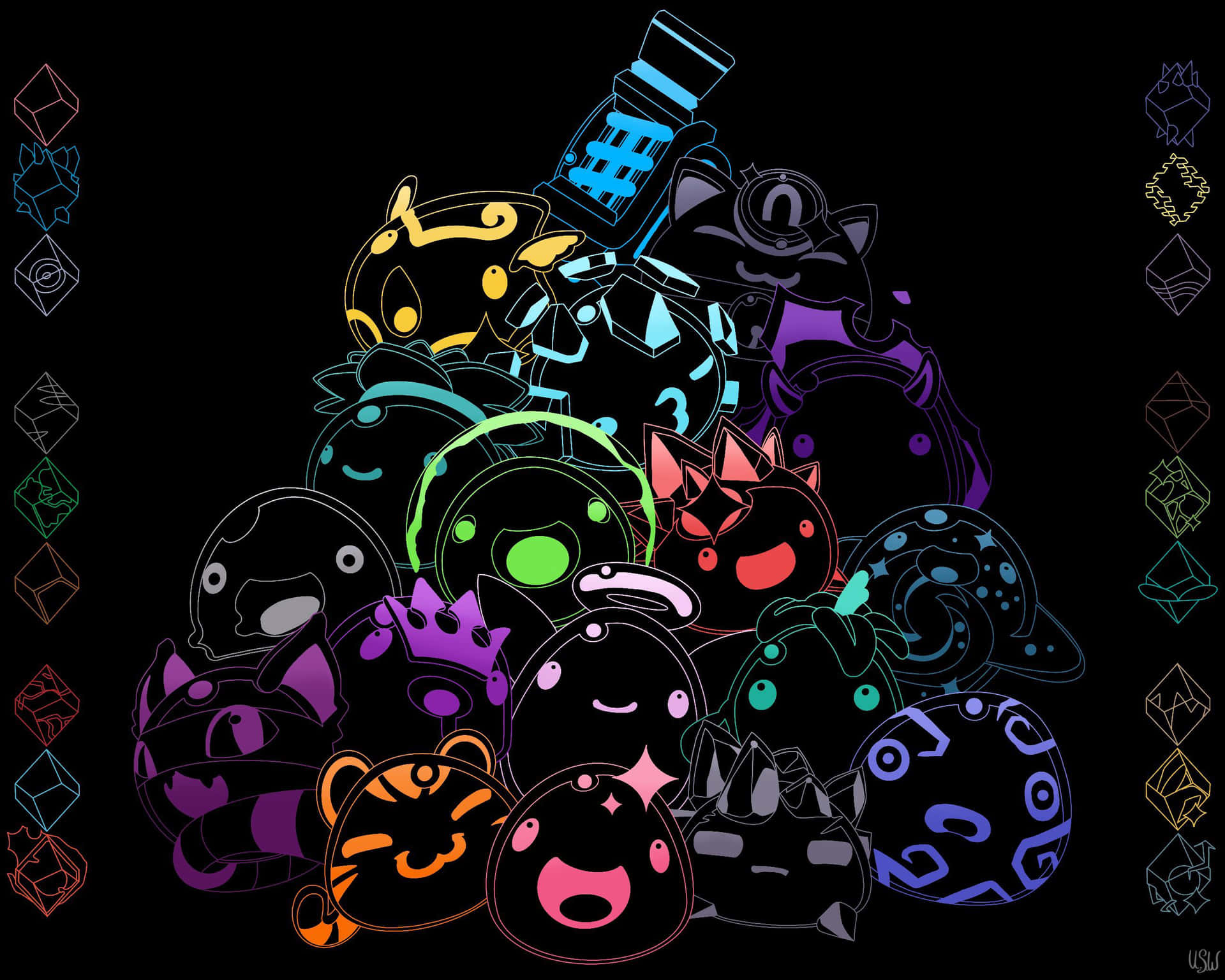A Pile Of Colorful Characters In A Dark Room Background