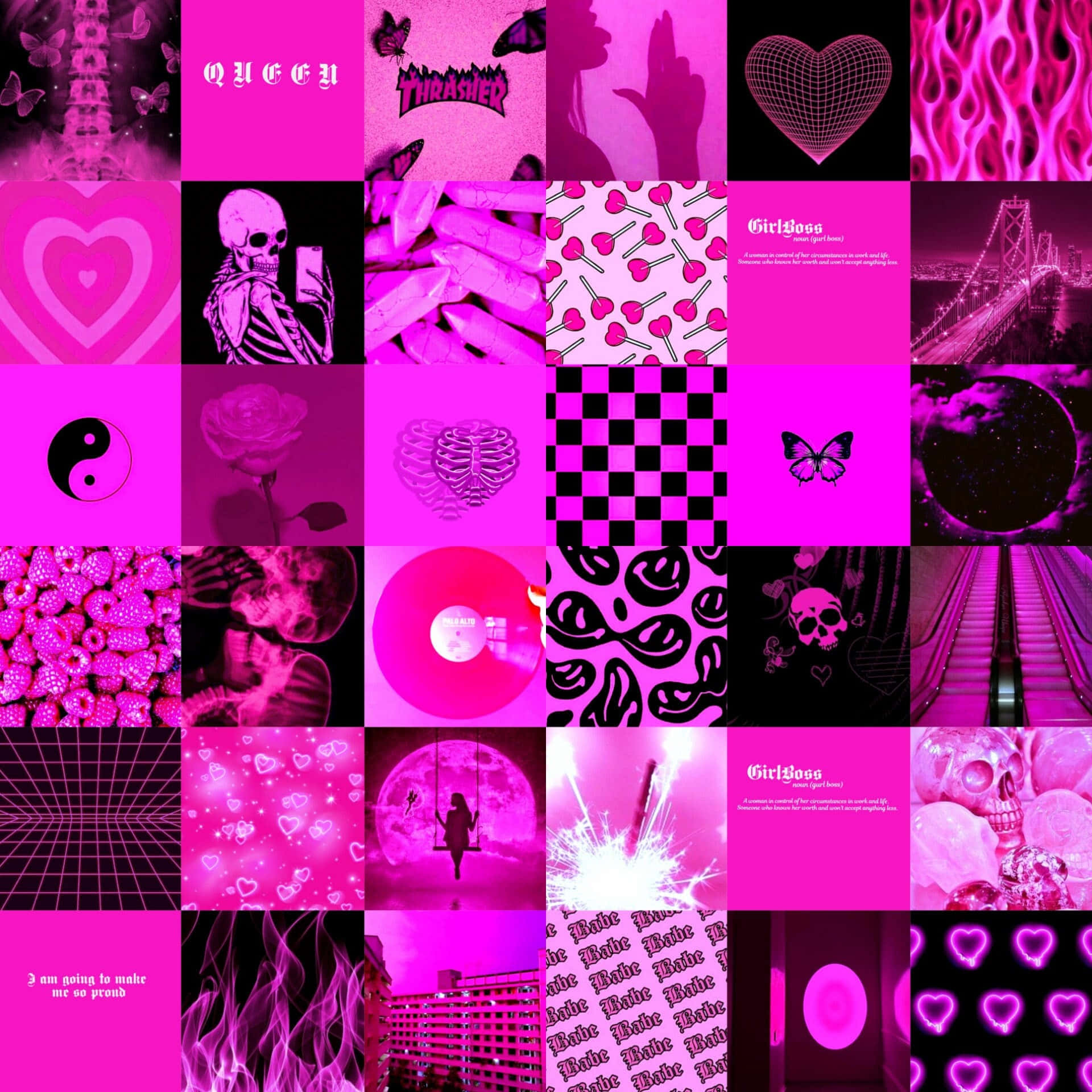 A Pink And Black Collage With Many Different Images Background