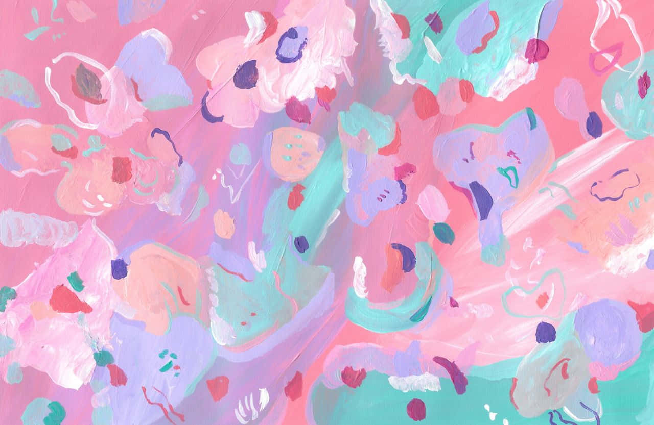 A Pink And Blue Abstract Painting With A Lot Of Flowers Background