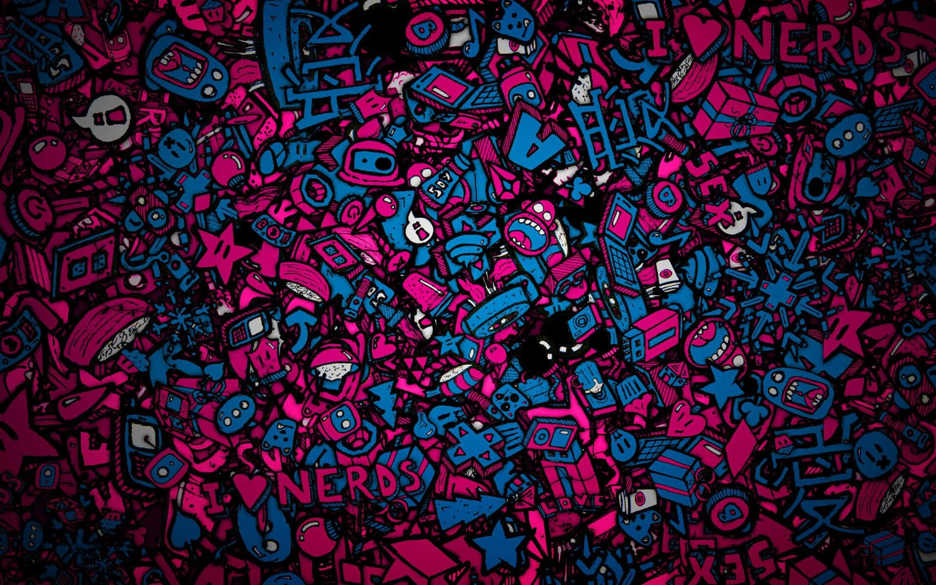 A Pink And Blue Background With Many Doodles